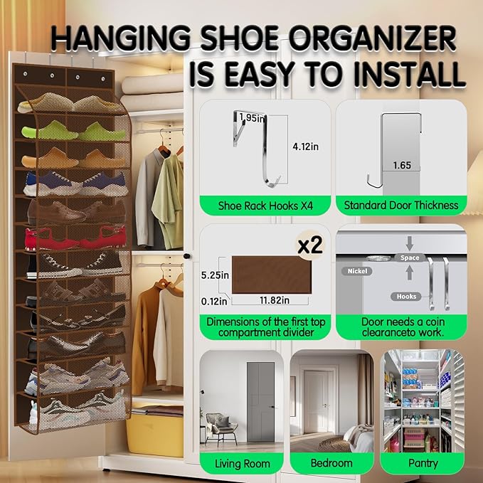 Over The Door Shoe Organizer with 12 Large Breathable Pockets - Durable Hanging Storage for the Entire Family's Shoes (Espresso)