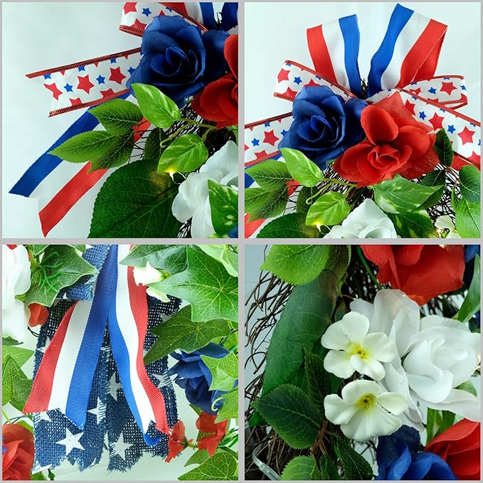 YULETIME 24" Pre-lit Decorative Teardrop Swag, Battery Operated Patriotic Theme Swag with Fairy Lights, Red, White & Blue Roses, Lilac Flowers, Green Leaves (Red White & Blue)