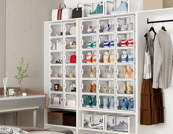 Shoe Organizer, 12 Pack Shoe Storage Shoe Organizer for Closet, Shoe Boxes Clear Plastic Stackable Shoe Storage Boxes for Size 13