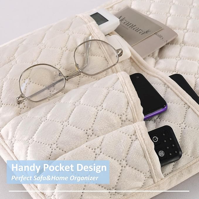 Velvet Armchair Caddy for Couch Remote Control Holder Non-slip Sofa Armset Organizer Caddy Storage for Recliner Couch 5 Pocket for Magazine 35"x13" Ivory 1 Piece