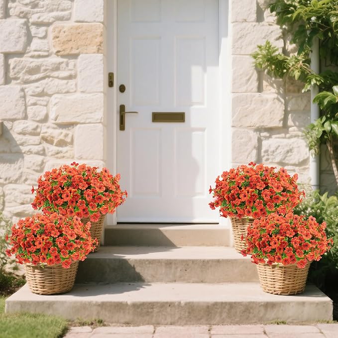 Artificial Faux Flowers Plants for Outdoors Outside Fall Autumn Decoration,12 Bundles Realistic Fake Mums Flowers Plant Greenery Silk Daisy UV Resistant Planters Balcony Porch Patio Garden Home Orange