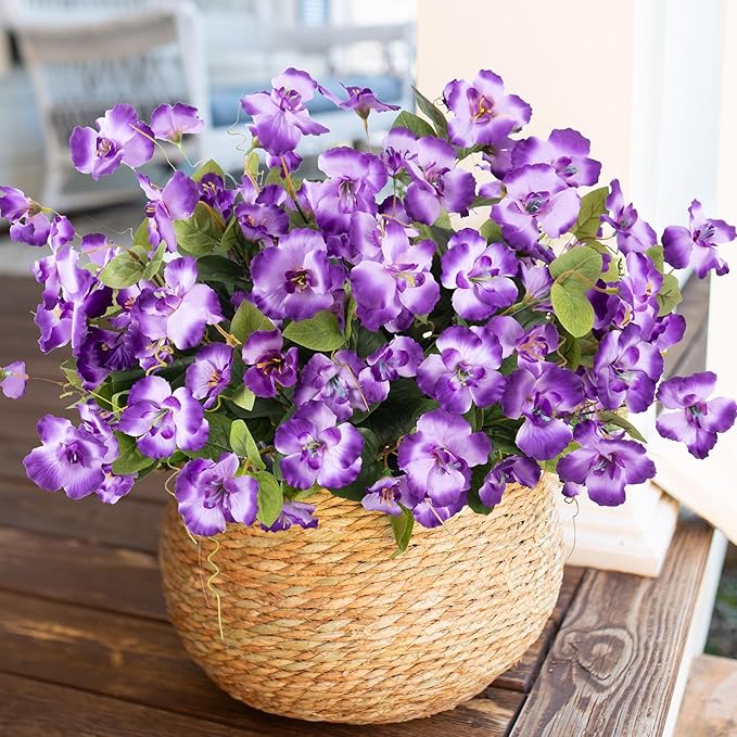 Fake Hibiscus Artificial Flowers for Outdoors Spring Summer Decoration, 6 Bundles Silk Purple Hibiscus Flowers Bouquet UV Resistant Look Real Faux Plants for Outside Planter Front Door Porch Balcony