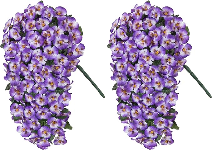 HyeFlora Artificial Flowers for Outdoors 2pcs Faux Silk Pansy Vines Lush UV Resistant Fake Hanging Flower Plants for Outside Porch Yard Patio Window Box (Light Purple)