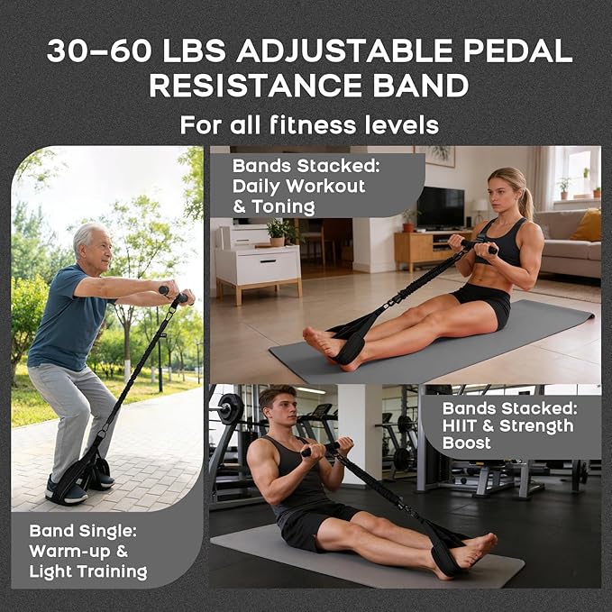 Multifunction Pedal Resistance Band with Handle, 3 Tube Adjustable 30/40/50LB Foot Pedal Puller Resistance Bands with Poster, Extended Length Tension Rope for Men Women Full Body Workout Home Gym