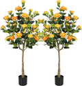 Bellacat 4ft Artificial Camellia Tree with Silk Orange Flowers, 48in Faux Camellia Plant with Lifelike Trunk, Fake Flower Tree Potted Front Door Plants for Porch Patio Deck Living Room Decor, 2Pack