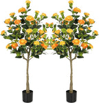 Bellacat 4ft Artificial Camellia Tree with Silk Orange Flowers, 48in Faux Camellia Plant with Lifelike Trunk, Fake Flower Tree Potted Front Door Plants for Porch Patio Deck Living Room Decor, 2Pack