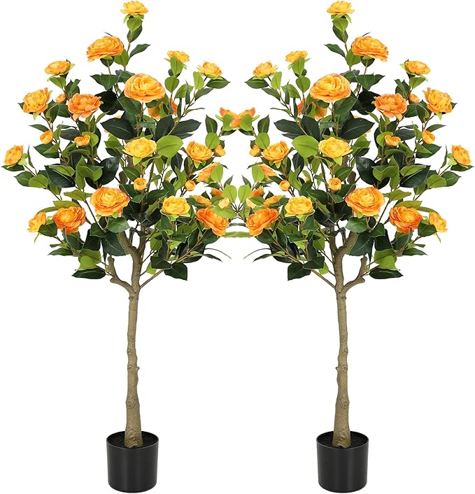 Bellacat 4ft Artificial Camellia Tree with Silk Orange Flowers, 48in Faux Camellia Plant with Lifelike Trunk, Fake Flower Tree Potted Front Door Plants for Porch Patio Deck Living Room Decor, 2Pack