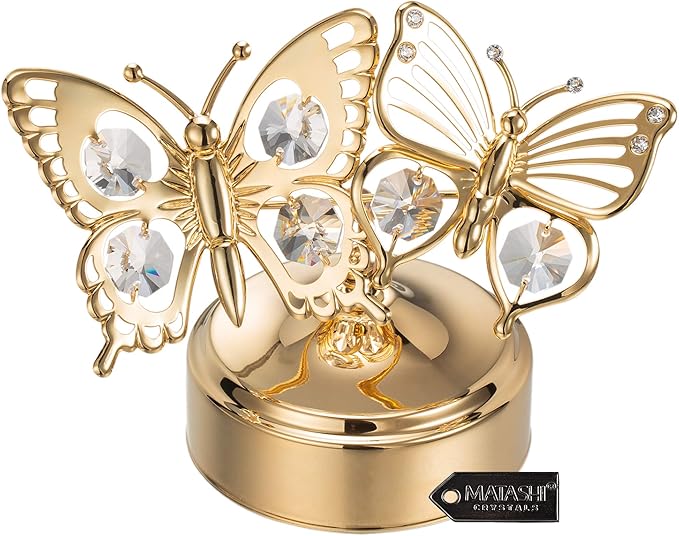 Matashi Crystal Studded 24K Gold Plated Double Butterfly Music Box Figurine – Plays "Memory" – Elegant Tabletop Showpiece for Living Room Decor – Keepsake Gift for Women, Mom, Wife, Birthday