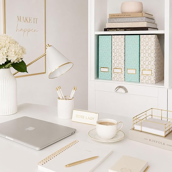BLU MONACO | Set of 4 Foldable Pink & Aqua Magazine File Holders with Gold Geometric Patterns | Vertical File Organizer Boxes with Gold Label Holders for Home & Office