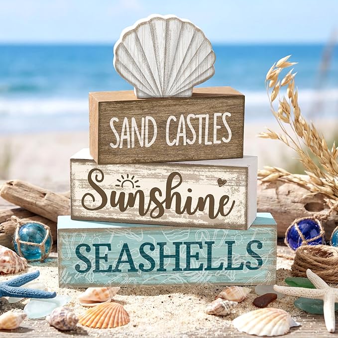 Yuntau 4 Pcs Summer Decorations for Home Beach Shells Wooden Tabletop Decor Summer Tiered Tray Decor Rustic Sand Castles Sunshine Seashells Block Sign Centerpiece Farmhouse Table for Shelf Office