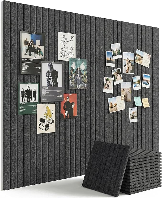 Aothia 12-Pack Felt Bulletin Board Tiles 48"x36", Modular Pin Board for Smooth Walls, Cork Board Alternative for Notes & Photos, 0.35" Thick, 70 Adhesive Tabs & 40 Pins, Charcoal Gray