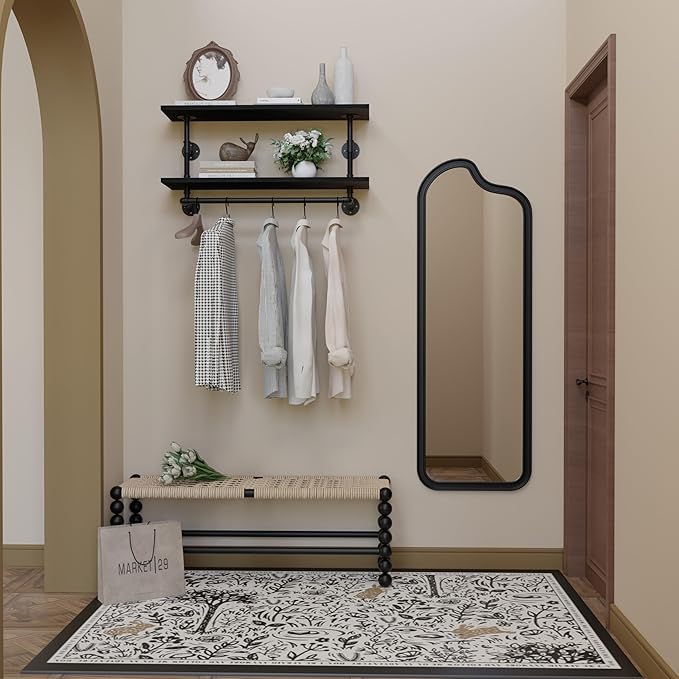 Clothes Rack 36in, 2-Tier Wall Mounted Garment Rack with Real Wood Shelf, Heavy Duty Hanging Clothes Rack, Multi-Purpose Hanging Rod, Space-Saving Closet Storage