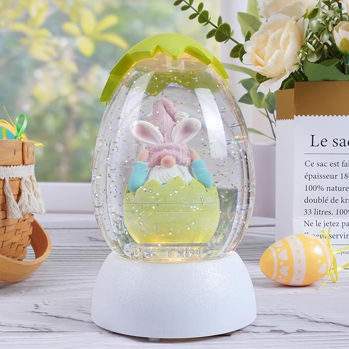 Gnome Easter Snow Globe, Easter Bunny Snow Globe Eggs Spring Decor with Swirling Glitter, 6H Timer, USB or Battery Powered, Hear No Evil Gnome Snowglobe for Tabletop Decor Gift 7.4 Inch (Green)