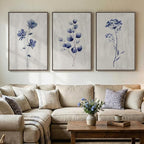 Framed Boho Floral Wall Art for Living Room, 3 Piece Blue Minimalist Botanical Canvas Painting Prints, Modern Rustic Watercolor Flower Plants Artwork for Bedroom Dining Room Office Wall decor, 24x36