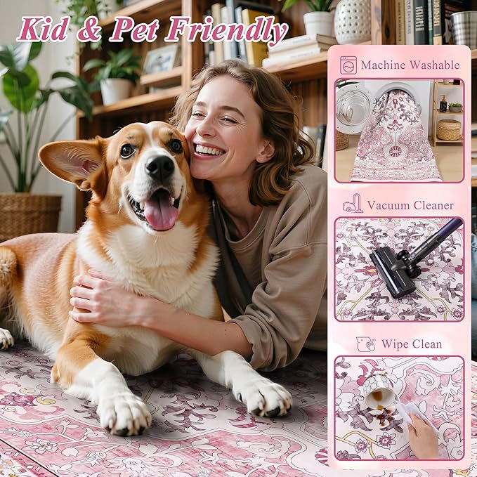 U'Artlines Pink Area Rug 5x7 Boho Washable Soft Carpet for Living Room Bedroom Dining Room Office Indoor Rugs for Home Decor