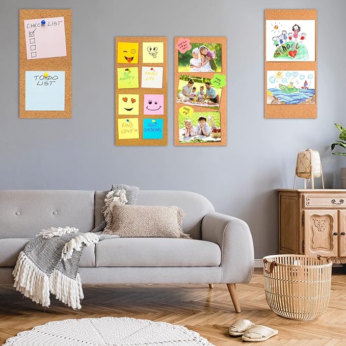 TUPARKA 6 Pack Cork Board Bulletin Boards 17"x8" - 1/4" Self-Adhesive Corkboards for Wall With 100 Push Pins, Square Cork Tiles for Home, School, Office Decorative