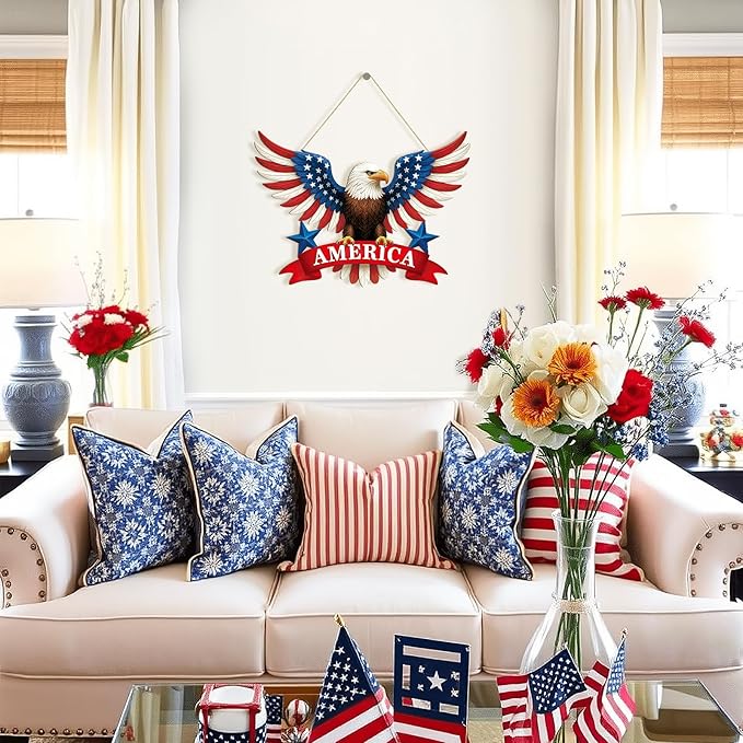 Wooden 4th of July Decoration Door Wreath for Front Door Sign America Eagle Wall Signs,250 Anniversary Independence Day Patriotic Day Wreath Welcome Memorial Day Hanging for Home Party Outdoor Indoor