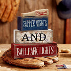 Lineshading 4 Pcs Baseball Decorations Stacked Wooden Blocks Signs with Bat Topper, Summer Nights Ballpark Lights Decor - Baseball Table Decor Ideal Gift for Fans Boys Room Party Coffee Shelf