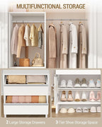 Closet System, Closet Organizer System with 4 Hang Rods, Walk-in Wooden Storage Systems with 2 Drawers & Shoe Cabinet, Fits Spaces 4-9.8FT, Wardrobe Clothes Rack Garment Rack, White MC00103E