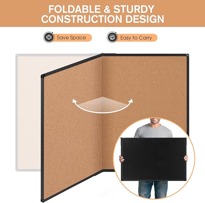 Extra Large Cork Bulletin Board 48" X 48", Foldable Notice Pin Board for Wall, Black Aluminum Framed 4'x4' Corkboard, Wall Mounted Noticeboard with 36 Push Pins for School, Home & Office
