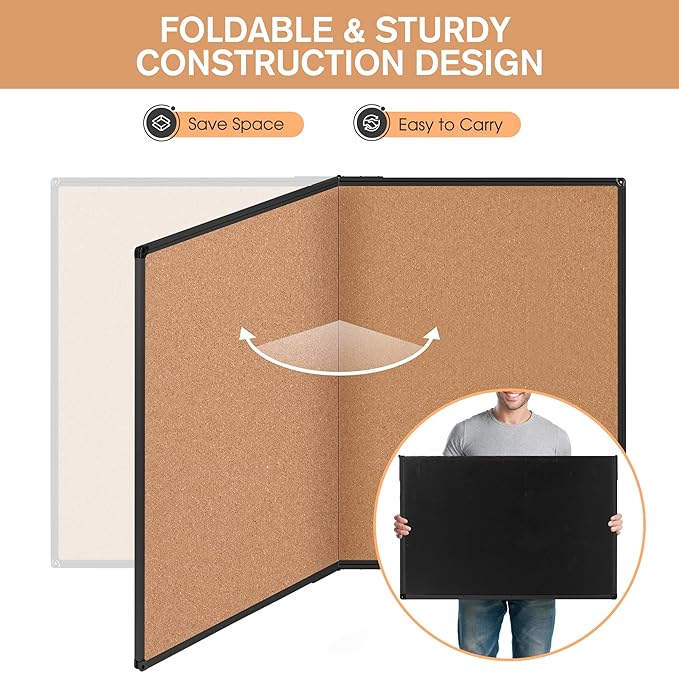 Extra Large Cork Bulletin Board 72" X 48", Foldable Notice Pin Board for Wall, Black Aluminium Framed 6'x4' Corkboard, Wall Mounted Noticeboard with 32 Push Pins for School, Home & Office