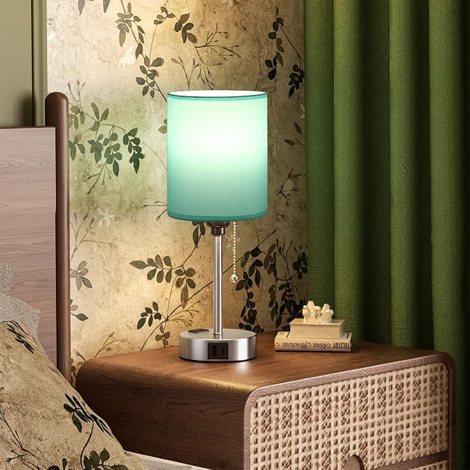 Dicoool Teal Bedside Lamp for Nightstand - 3 Color Temperature Table Lamp with USB C and A Ports, Pull Chain Lamp for Bedroom with AC Outlet, Coastal Desk Lamp with Silver Metal Base for Kids Girls