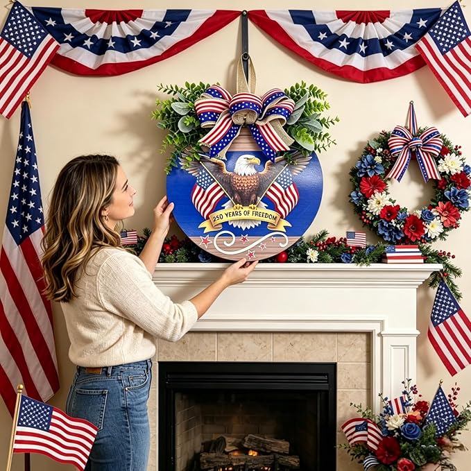 12" Patriotic Wreath for Front Door Wooden Welcome Sign, 4th of July Decorations Outdoor with USA 250th Anniversary Flag, Memorial Day Patriotic Decor (Color-Freedom1)