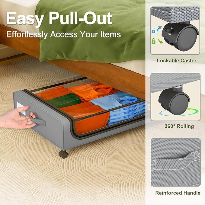 GoMaihe Under Bed Storage with Wheels: 48L Underbed Storage Containers with Lids - Rolling Bins for Shoes Clothes in Dorm Bedroom - Metal Drawers Easy Pull-out Grey 2-Pack