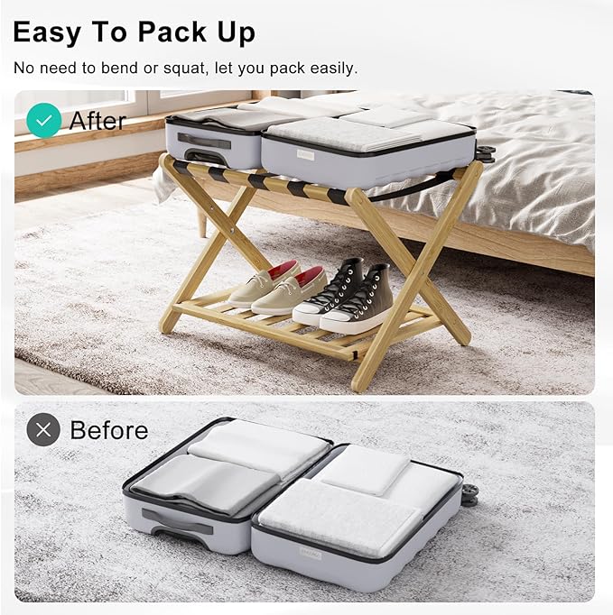 Smuxee Fully Assembled Luggage Rack Pack of 2, Upgraded Bamboo Foldable Suitcase Stand with 5 Nylon Straps, Luggage Holder with Shelf for Guest Room Bedroom Hotel