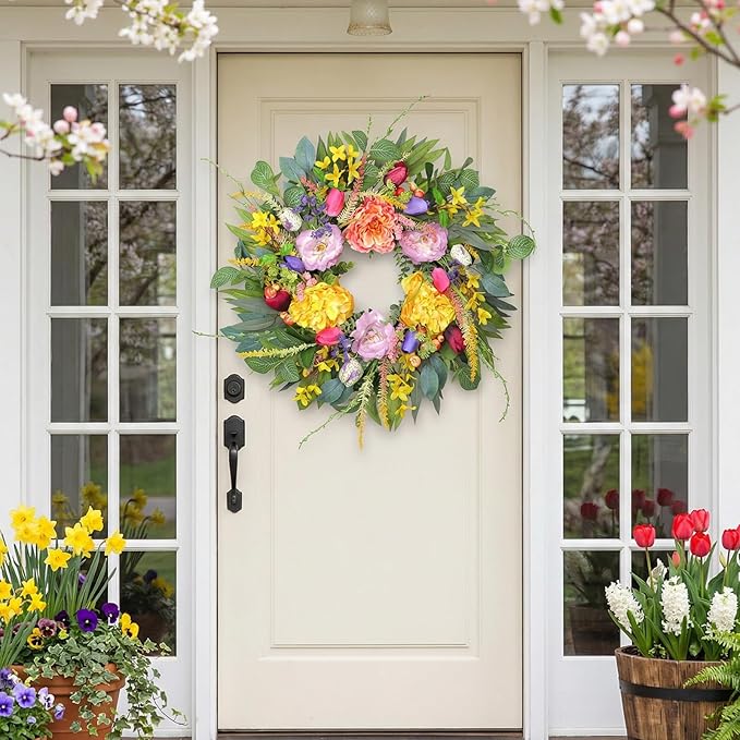 Chrisxiao 24 Inch Spring Summer Wreath for Front Door, Eucalyptus Wreaths with Peony, Tulip & Eucalyptus Leaves,Summer Wreath for Home Farmhouse, Outdoor, Porch, Wall Window Decor All Year Round