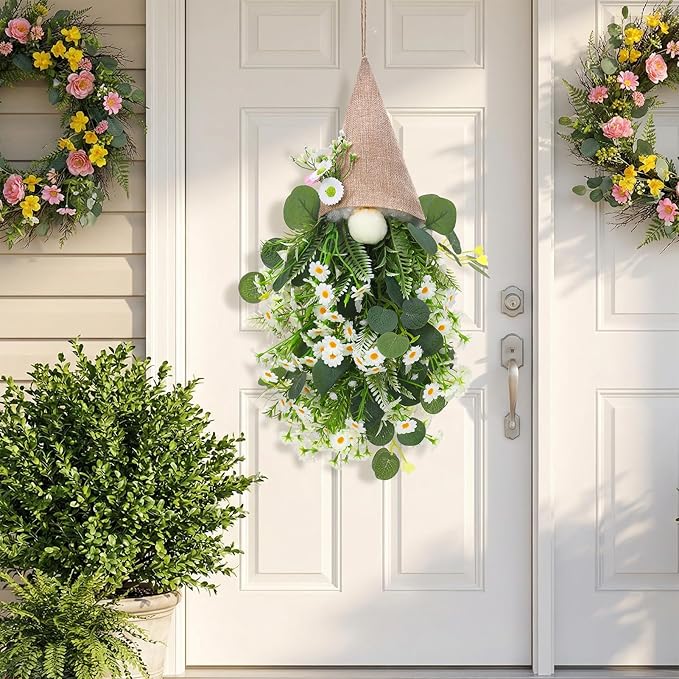 23.6 x 9 in Daisy Gnome Hanging Decor, Artificial Floral Burlap Gnome Swag for Spring Summer Door, Window, Wall and Porch Decoration