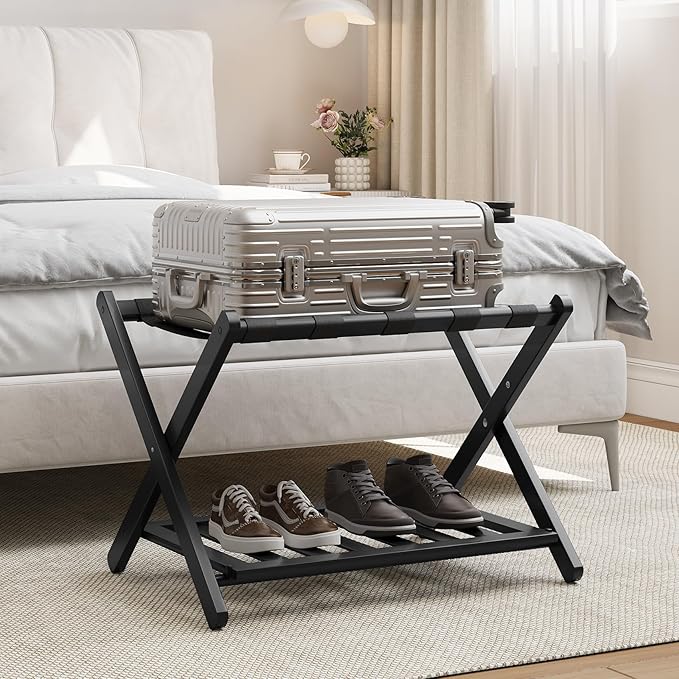 Fully Assembled Black Luggage Rack, Suitcase Stand with Shoe Shelf, Folding Wooden Luggage Stand for Guest Room, Bedroom, Hotel