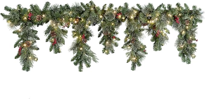 Haute Decor 6 Foot Christmas Pre-lit Holiday Swag for Fireplace Mantels with 100 Energy-Efficient Soft White LED Lights, Faux Berries, Real Pinecones and Built-in Timer