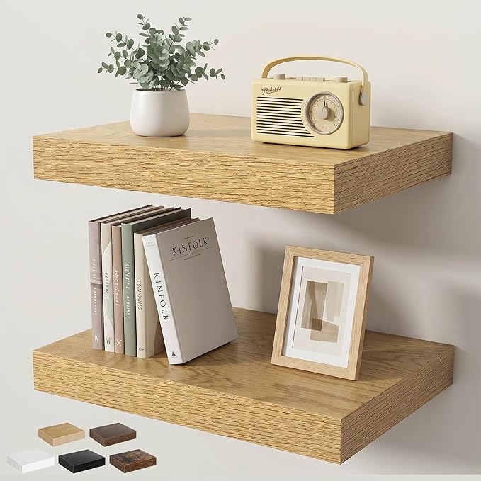 Floating Shelves for Wall 16 in x 9.3 in Deep, Wall Mounted Rustic Wood Shelf with Invisible Brackets for Storage & Display, Living Room Bedroom Bathroom, Oak, 2 Pack