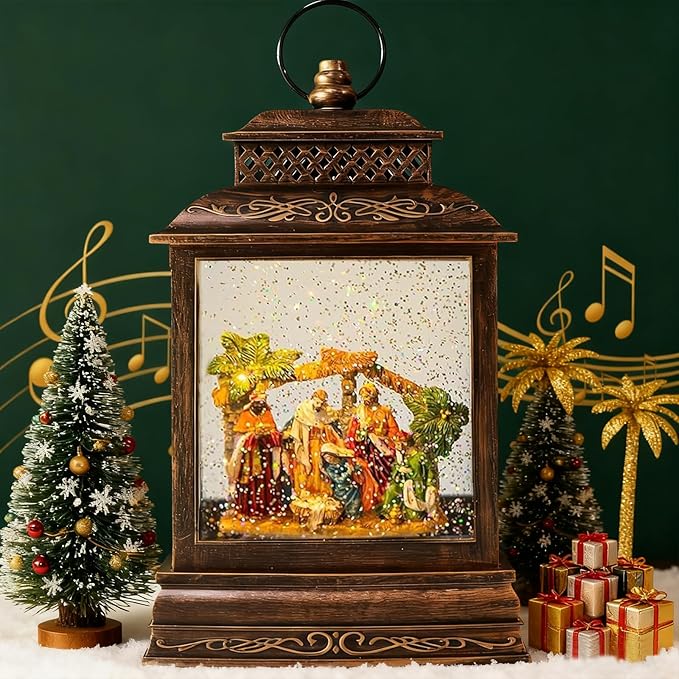 Christmas Snow Globe Lantern Water Nativity Scene & Manger Scene with Music & Timer, USB Lined/Battery Operated Lighted Lantern for Christmas Festival Decoration Gifts