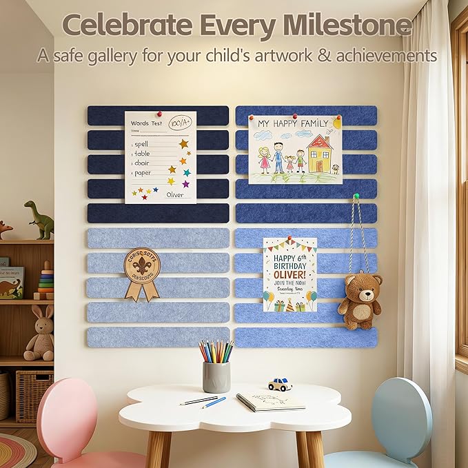 Cork Board for Walls - 8 Pack Felt Pin Board Bar Strips - Self-Adhesive Lightweight Bulletin Board - Cork Board for Office with 40 Push Pins No Damage for Wall