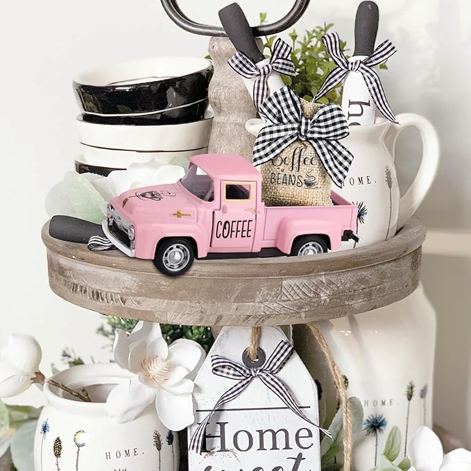 Hooqict Coffee Bar Decor Mini Metal Pink Truck with Coffee Beans Burlap Sack for Pink Home Farmhouse Kitchen Tiered Tray Decor Coffee Bar Accessories Coffee Station Vintage Pickup Valentines Day