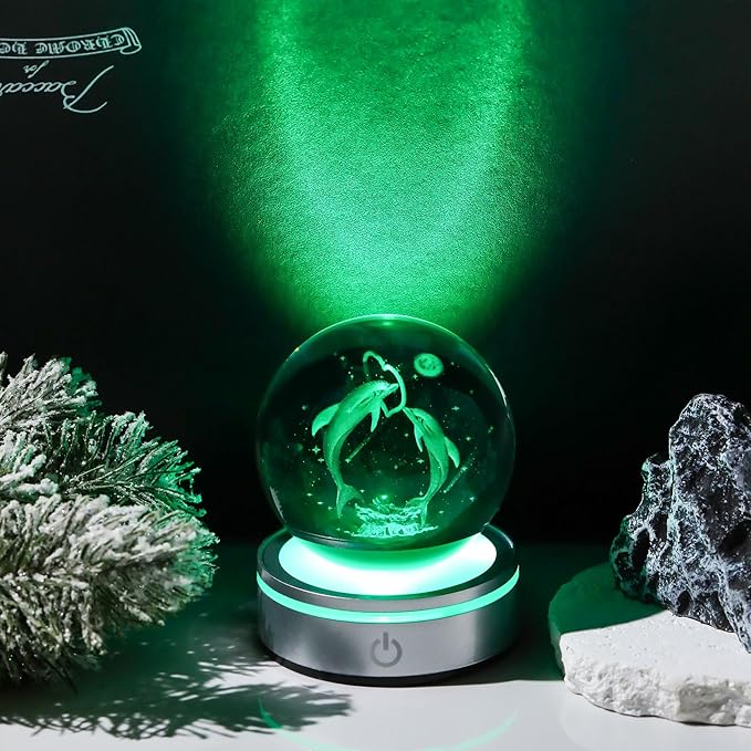 Movdyka Dolphin Gifts for Women Couples 3D Crystal Ball Dolphin Heart Statue Lamp Home Office Decor Snow Globes Dolphin Gifts for Girls on Birthday Wedding Christmas - 3.15"/8CM
