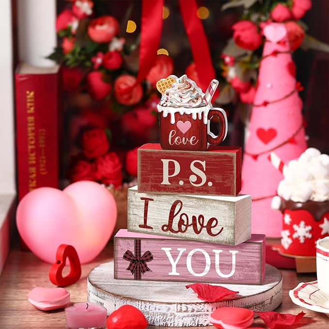 Lineshading 4 Pcs Valentine's Day Table Decoration Wooden Ice Cream Cup Valentine Tiered Tray Decor Valentine Centerpiece Red White and Pink I Love You Valentines Decor for Home Kitchen Coffee Bar