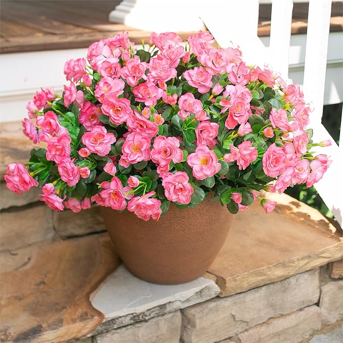 HyeFlora Artificial Faux Outdoor Flowers Plants for Spring Summer Decoration, Fake Silk Camellia UV Resistant Look Real for Planter Outside Front Door Porch Patio Balcony, 3 Large Bundles