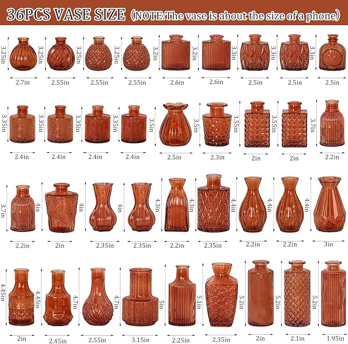 36Pcs Bud Vases Set Small Vintage Glass Bottles Bud Vases in Bulk Multiple Shape Cute Glass Vases for Rustic Wedding Centerpieces Table Decorations and Home Decor (Dark Amber)