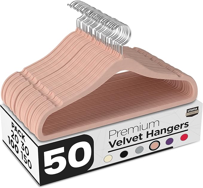 Utopia Home Velvet Hangers 50 Pack – Luxury Non-Slip Slim Pant & Coat Hangers, Strong Space-Saving Clothes Hangers with Pants Bar and 360° Swivel Hook – Pink
