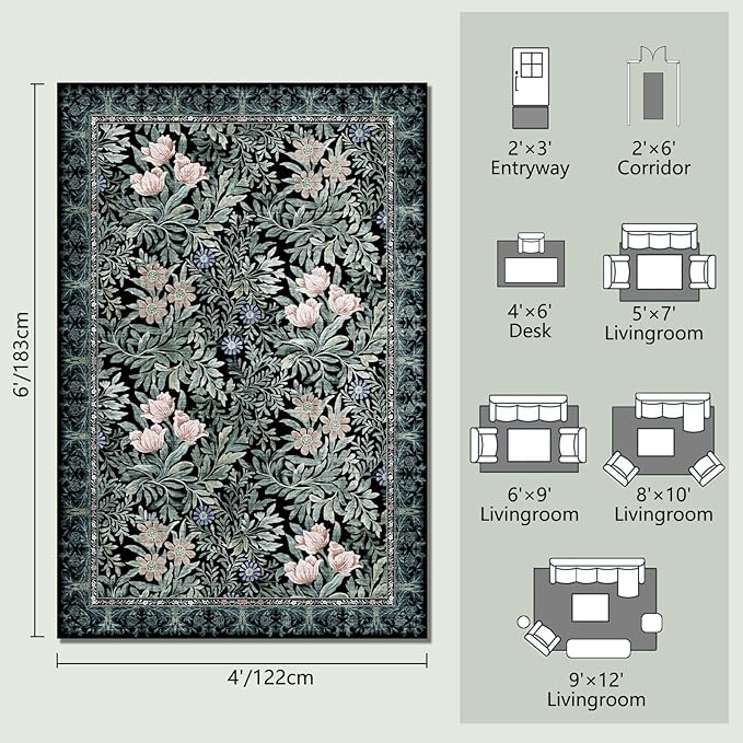 Washable Area Rugs 4x6 Black Green Vintage Floral Botanical Pattern,Perfect for Living Room, Bedroom, Kids Room, Nursery - Stain & Water Resistant Non-Slip, Pet & Child Friendly/Bedroom Decor