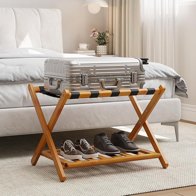 Fully Assembled Bamboo Luggage Racks, Foldable Suitcase Stand with 5 Nylon Straps, Luggage Stand with Shoe Shelf Ideal for Guest Room, Bedroom, Hotel, Honey Oak