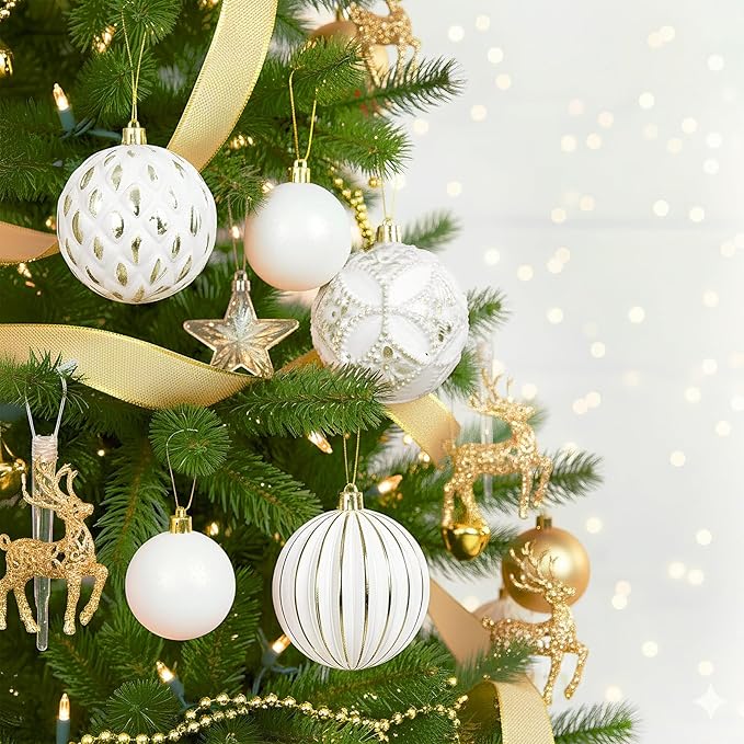 XmasExp Vintage Rustic Christmas Ball Ornaments Sets, Neutral Shatterproof Christmas Ornaments Farmhouse Christmas Tree Decorations Large Hanging Ball for Xmas Home Party （White Gold, 6Pcs