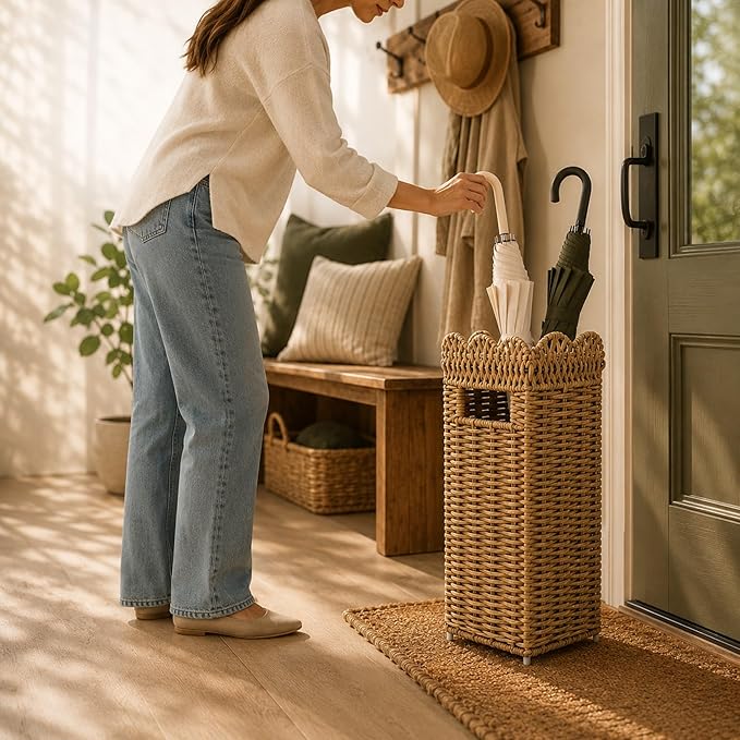 AceList Woven Umbrella Holder for Entryway, Rattan Umbrella Stand for Indoor Foyer with Removable Drip Tray, Scalloped Cane Holder Basket for Walking Sticks & Front Door, Farmhouse Decor, 16.5" Tall