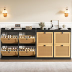 GarveeHome Shoe Cabinet Rattan with 4 Flip Drawers, Wooden Freestanding Shoe Organizer with Adjustable Shelves, Shoe Storage for Entryway, Closet, Hallway