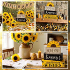 Lineshading 4 Pcs Summer Table Decor Wooden Sunflower Tiered Tray Decor Rustic Farmhouse Yellow Block Signs Gifts Summer Tabletop Centerpieces for Home Kitchen Coffee Bar Decorations