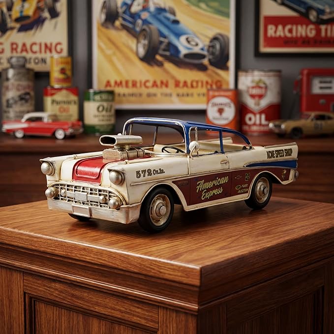 GENUINQ Vintage Classic Car Metal Model, 1950s Style Retro Racer Figurine with Raised Hood Scoop, Red White Blue Patriotic Livery, Man Cave Garage Decor & Collectible Gift