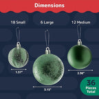 Prextex 36 Piece Christmas Ornaments Set - Emerald Green Christmas Tree Decorations - Shatterproof Ball Ornaments in Small, Medium, and Large Sizes - Durable Holiday Decor for Indoor and Outdoor Use